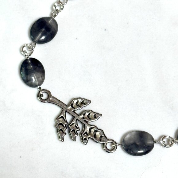 Genuine Grey Tourmalinated Quartz Short Necklace, Gemstone & Leaf Branch Pendant - Picture 5 of 14